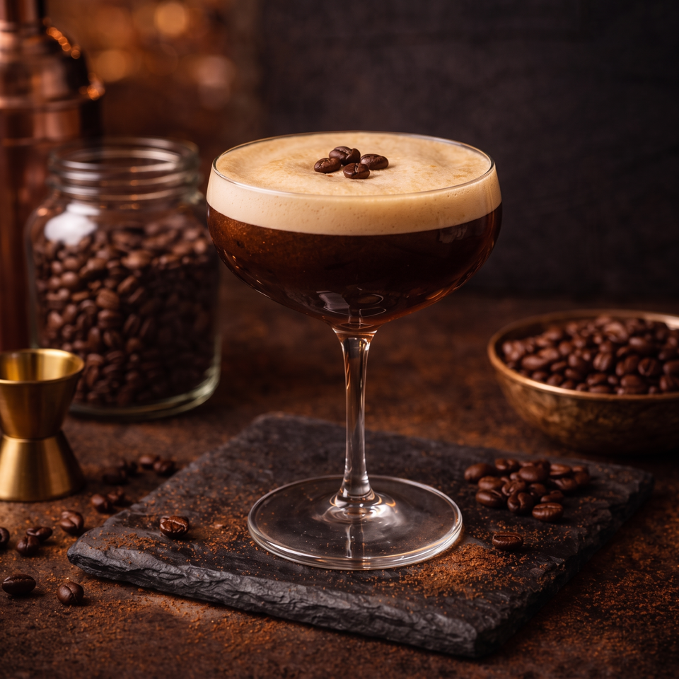 Espresso martini with creamy foam and coffee beans, presented in a coupe glass beside jars and bowls of coffee beans.