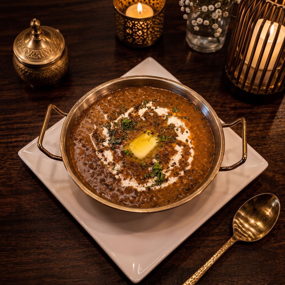 Creamy Indian curry garnished with butter, cream, and herbs, served in a brass bowl amid candlelit table décor.