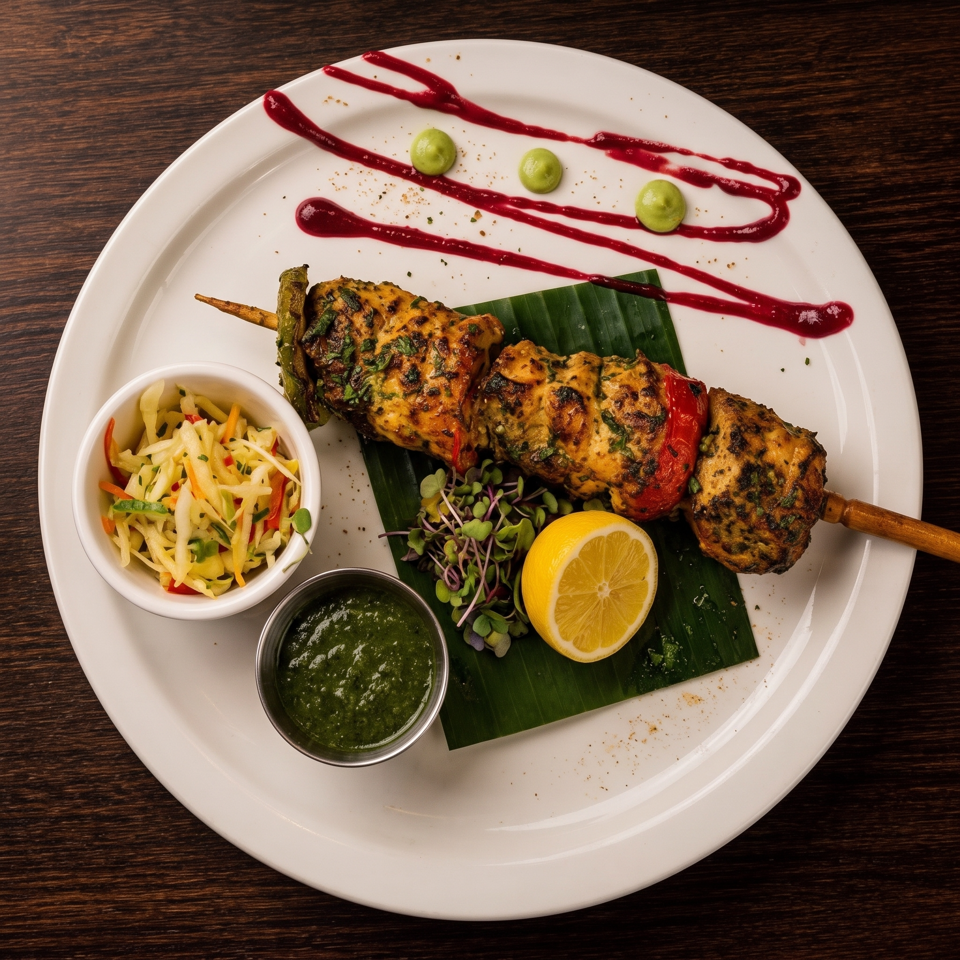 Grilled spiced chicken skewers on a banana leaf with lemon, slaw, green chutney, microgreens, and beet sauce.