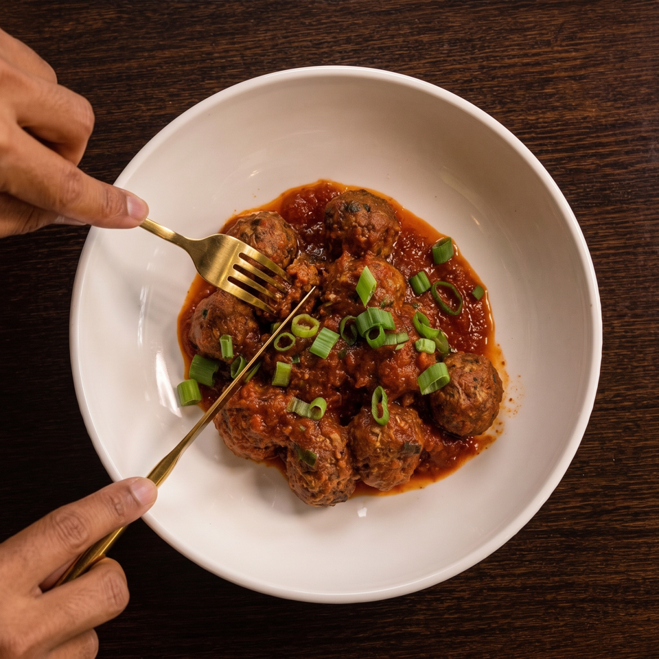 Meatballs in rich tomato sauce topped with sliced green onions, served in a white bowl with fork and spoon.