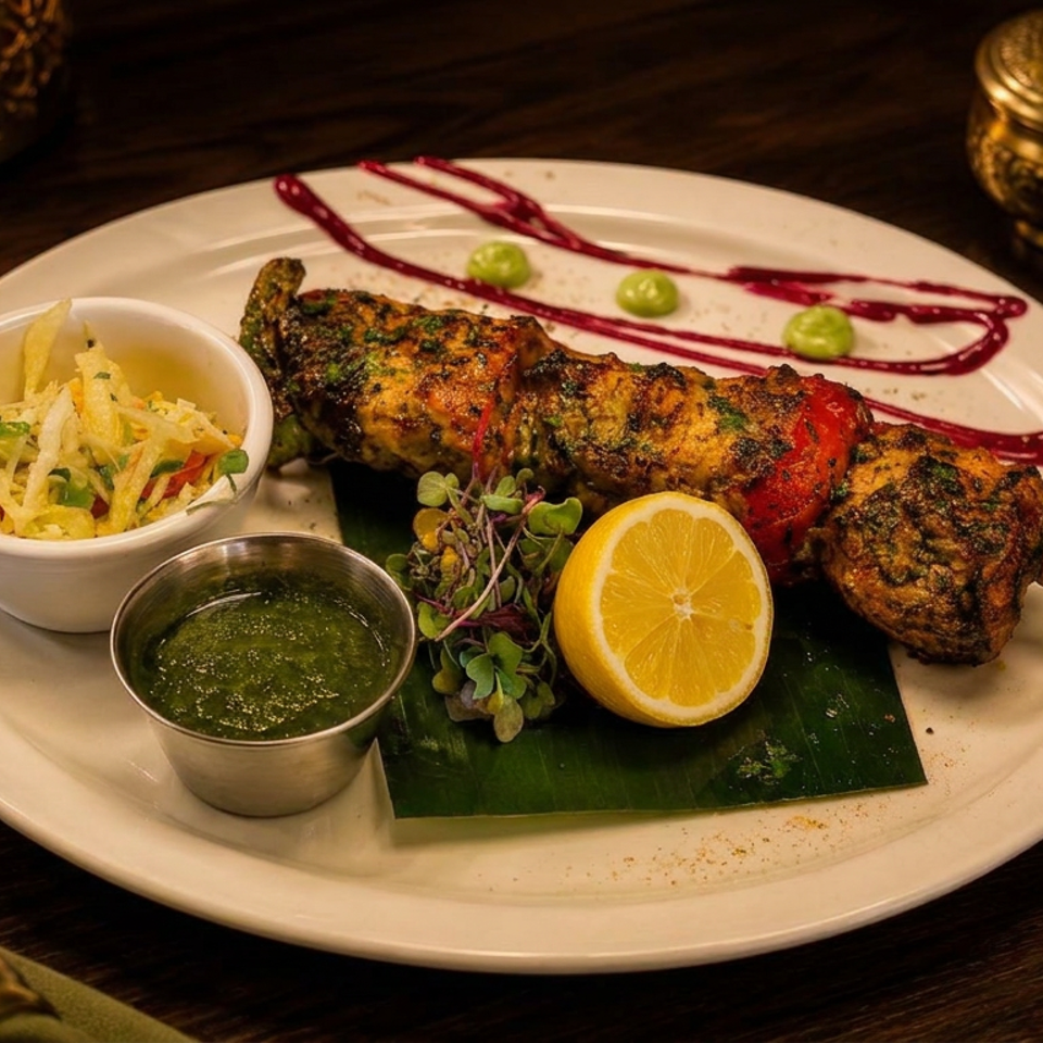 Grilled Indian seekh kebab skewers served with lemon, microgreens, green chutney, slaw, and artistic sauces on a white plate.