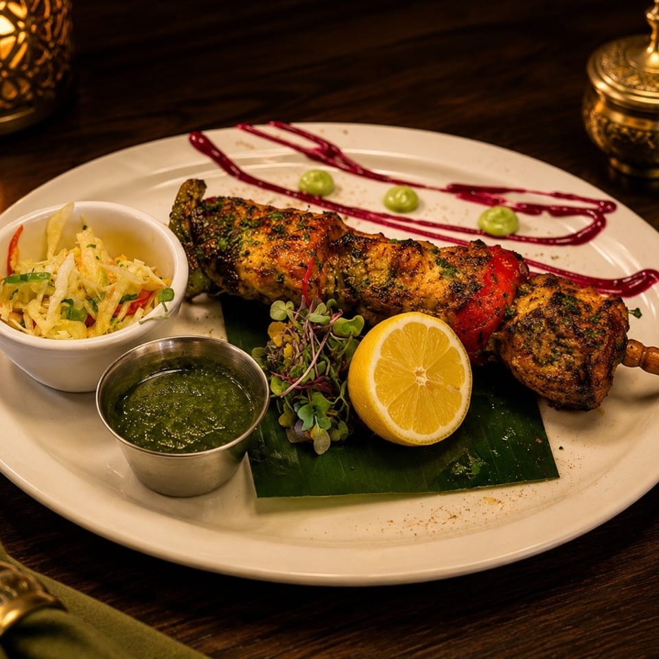 Grilled spiced kebab skewer served with slaw, green chutney, lemon, microgreens, and decorative sauce drizzles on a platter.