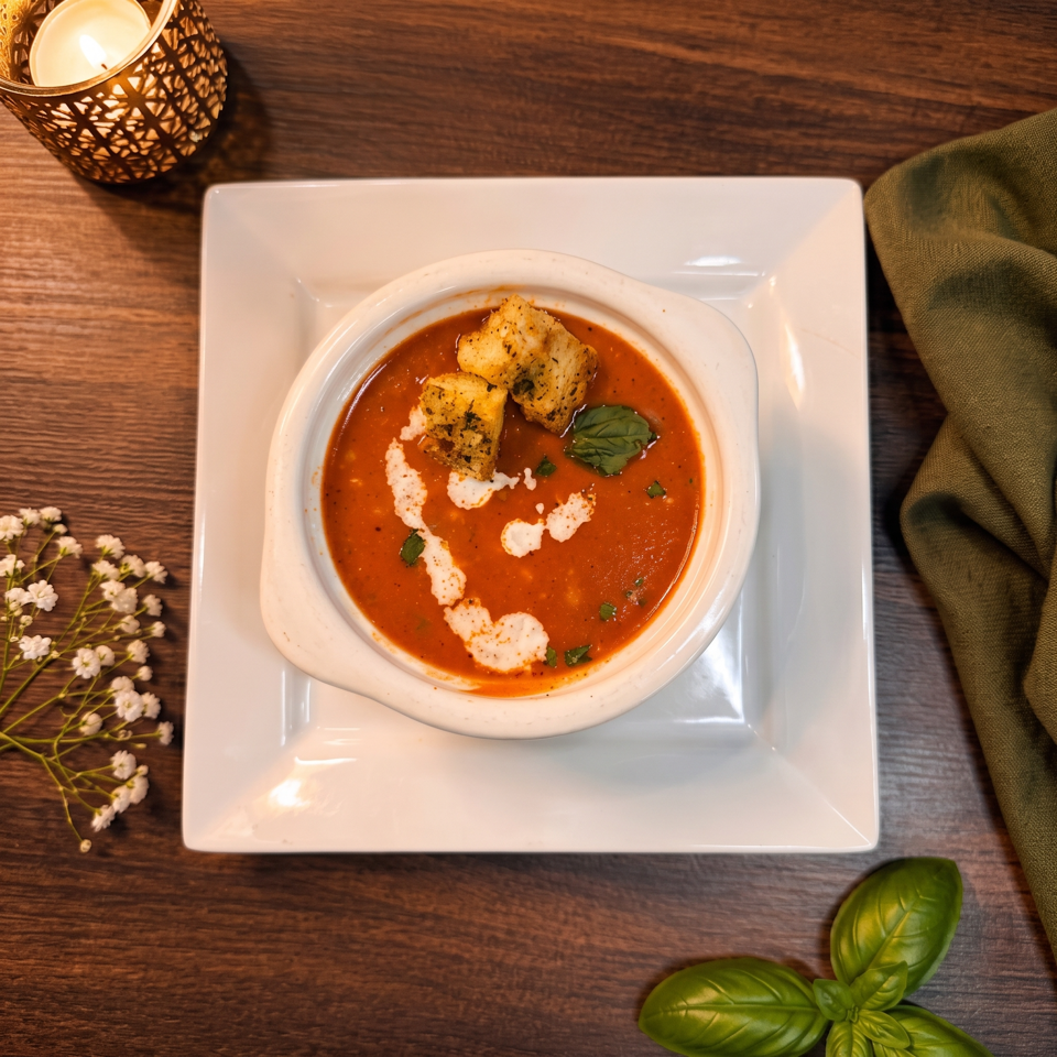 Bowl of tomato soup topped with croutons, cream drizzle, and basil on a white square plate.