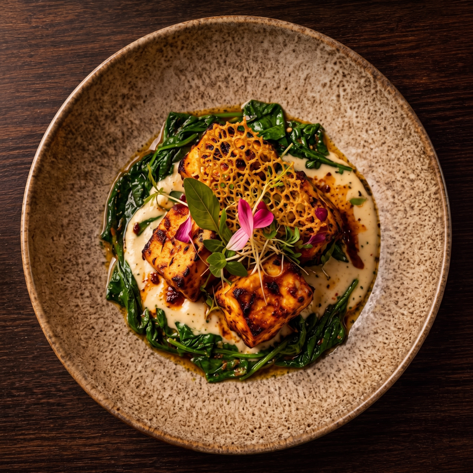 Grilled cheese pieces with creamed sauce, sautéed spinach, crispy lattice garnish, microgreens, and edible flowers on a rustic plate.