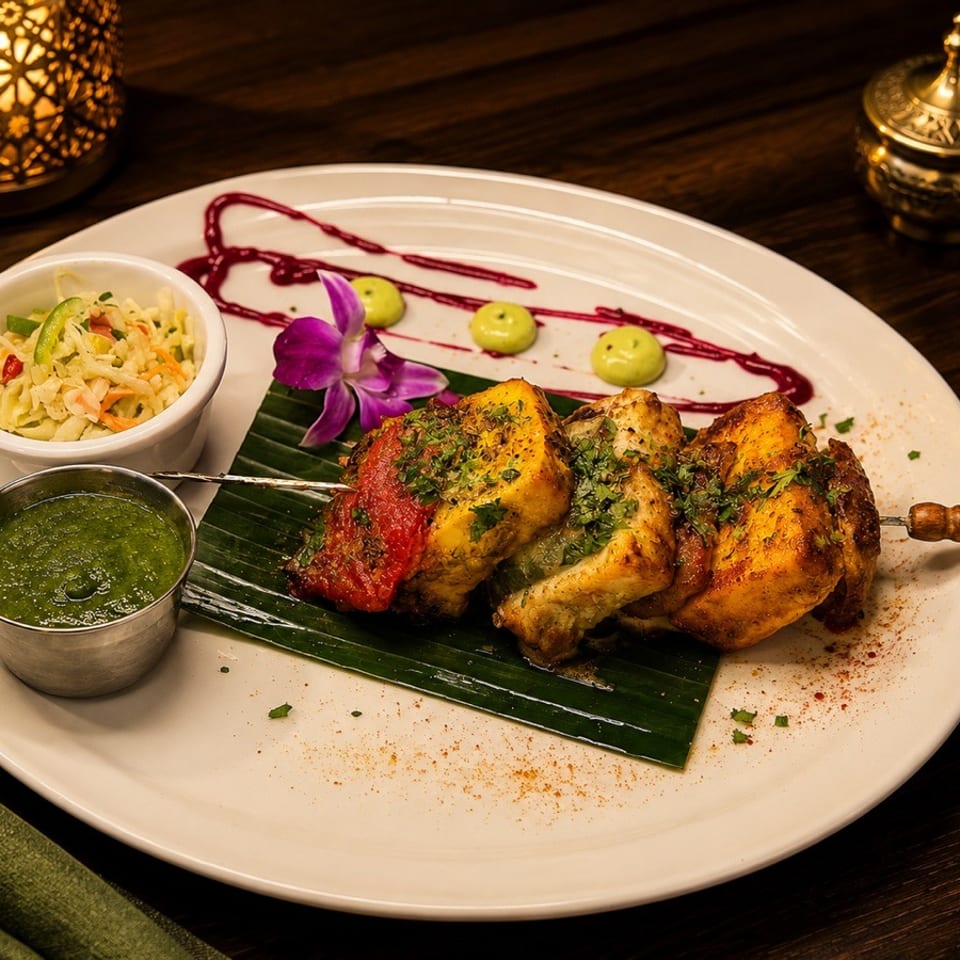 Grilled spiced chicken and vegetables on a skewer with chutney, slaw, sauces, and orchid garnish on a white platter.
