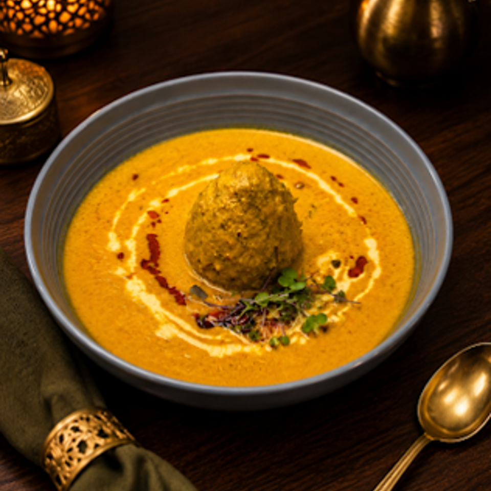 Bowl of creamy orange soup topped with a spiced fritter, herbs, cream drizzle, and chili oil on a dark wooden table.