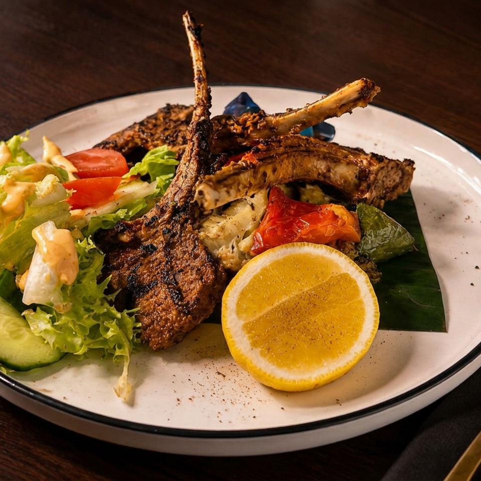 Grilled lamb chops with salad, vegetables, and a lemon half served on a white plate beside a gold fork.