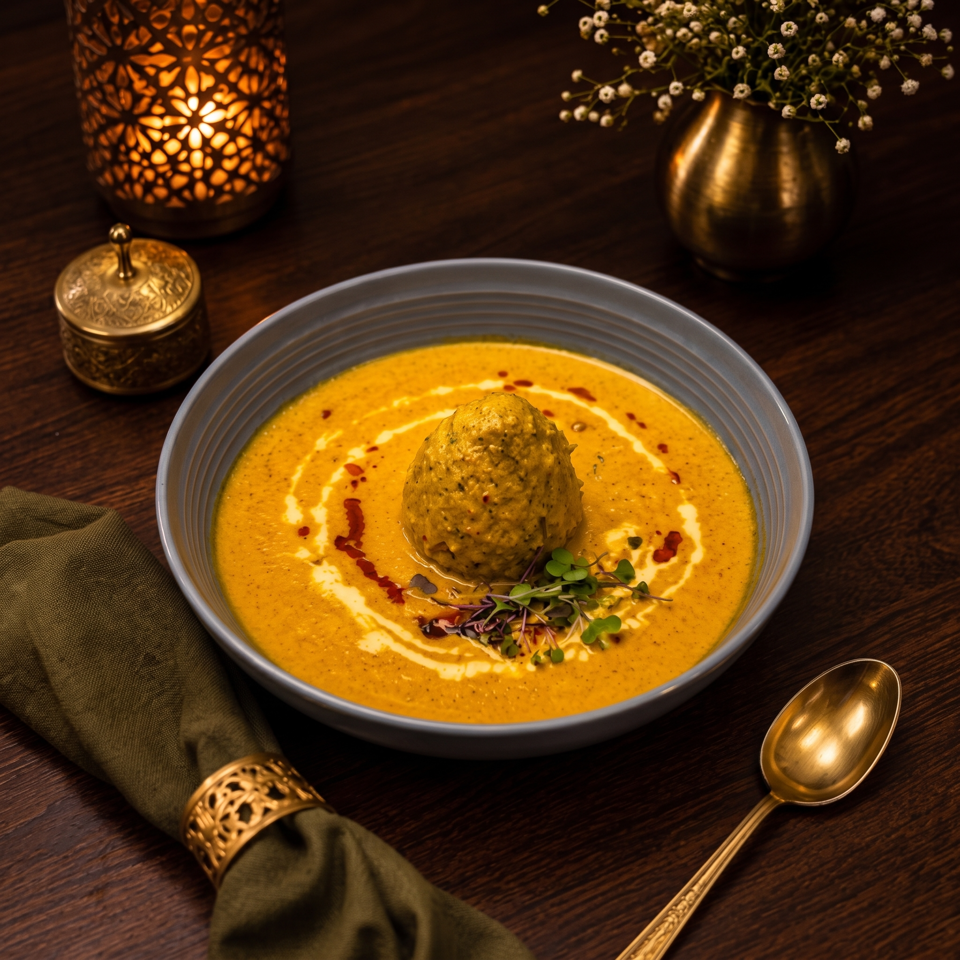 Bowl of creamy golden curry topped with a spiced dumpling and microgreens, surrounded by warm candlelight and ornate tableware.
