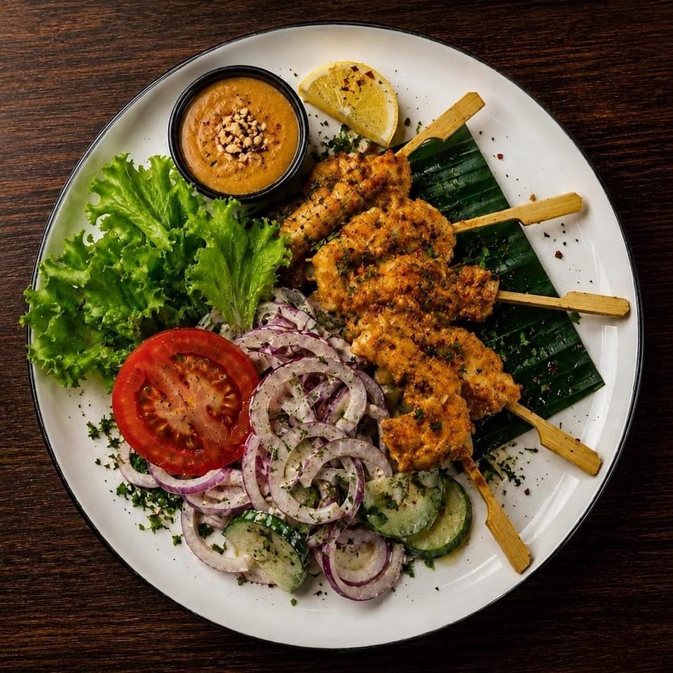 Grilled chicken skewers with peanut dipping sauce, lettuce, tomato, cucumber, red onion salad, and lemon on a white plate.
