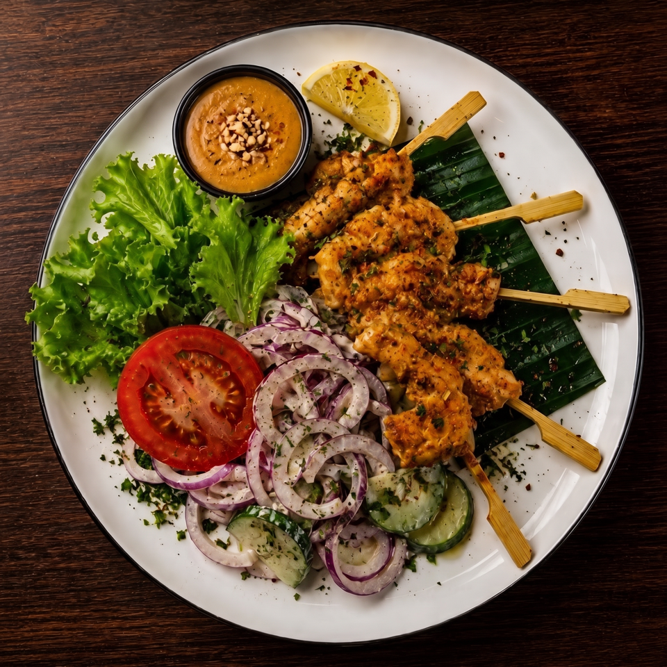 Grilled chicken skewers with peanut sauce, lettuce, tomato, cucumber, red onion, lemon, and herbs on a white plate.