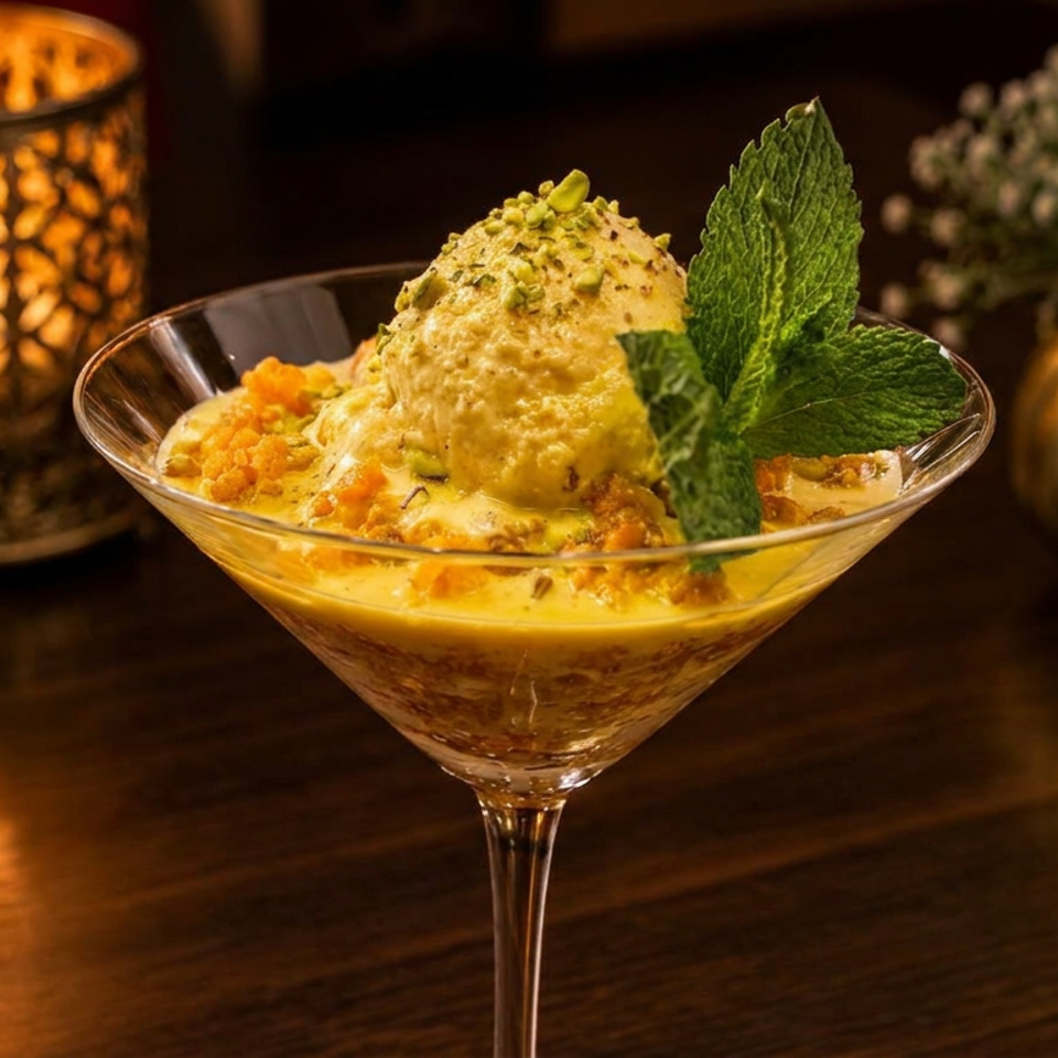 Pistachio dessert with scoops of creamy ice cream, orange crumble, and mint garnish in a martini glass on a candlelit table.