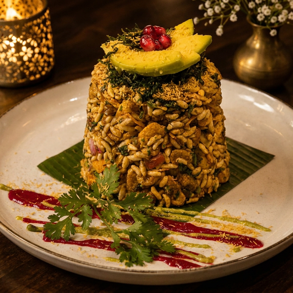 Puffed rice dish molded into a tower, topped with avocado and cranberries, garnished with cilantro and colorful sauces.