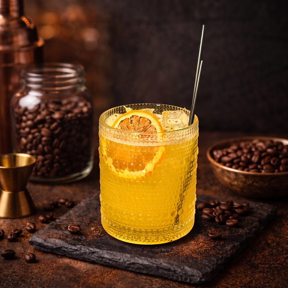 Golden citrus cocktail with dried orange garnish and straw, surrounded by coffee beans on a dark slate serving board.