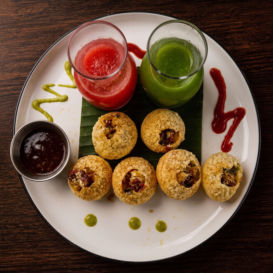 Overhead plate of six stuffed pani puri with red and green drinks, dark chutney, and colorful sauce drizzles.